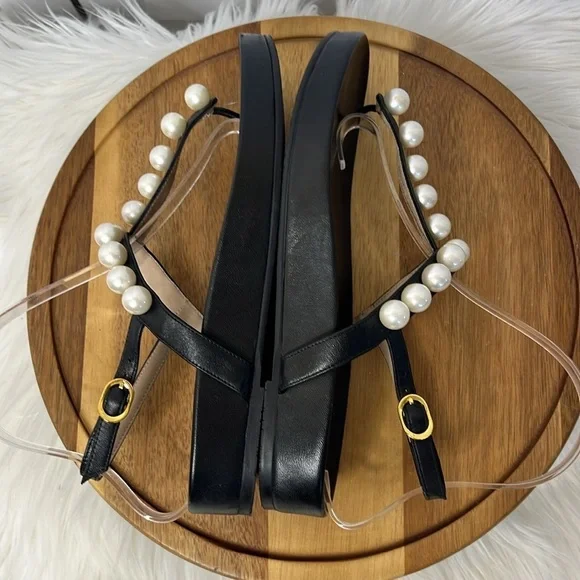 STUART WEITZMAN l Goldie Pearly Leather Flat Strap Sandal Black Leather Size 7 - Picture 9 of 15